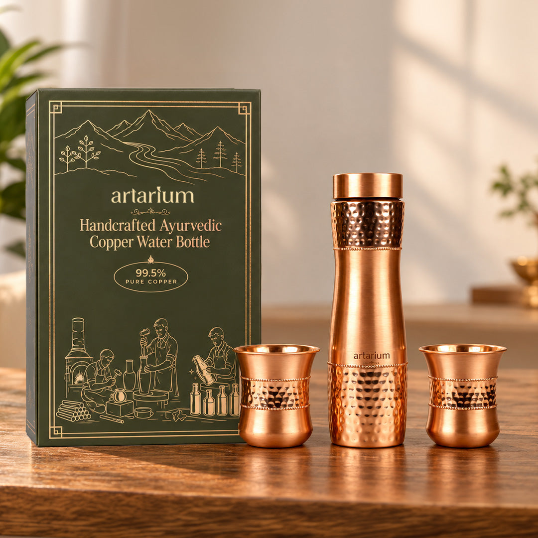 Hammered Copper Bottle with Copper Cap & Glass Set with Premium Packaging 