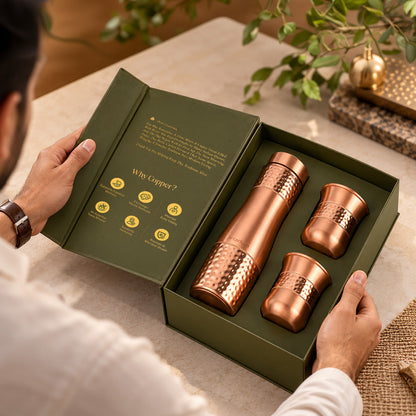 Hammered Copper Bottle with Copper Cap & Glass Set with Premium Packaging 