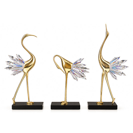 Blue Crystal Crane Brass Sculpture 