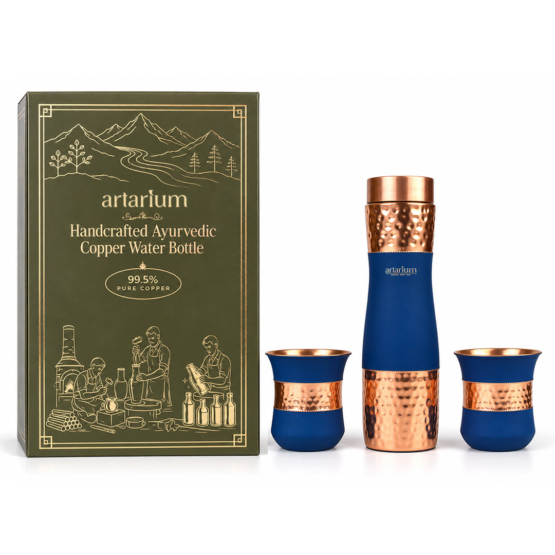 Blue Hammered Copper Bottle with Copper Cap & Glass Set with Premium Packaging 