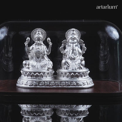 Dhansiddhi Laxmi Ganesh Divine Silver Idol (Hollow) with Acrylic Box