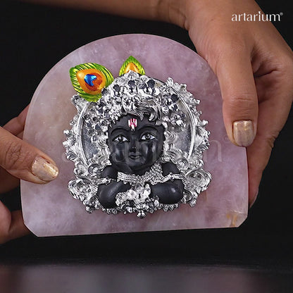 Rose Quartz Krishna Silver-Plated Idol