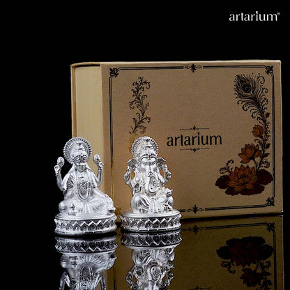 Shubh Lakshmi Ganesh Pure Silver Idol Set (Hollow) with Premium Packaging