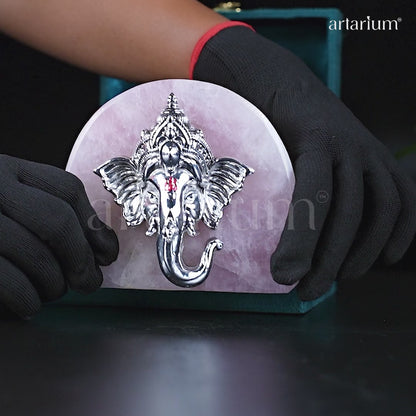 Rose Quartz Ganesha Silver-Plated Idol