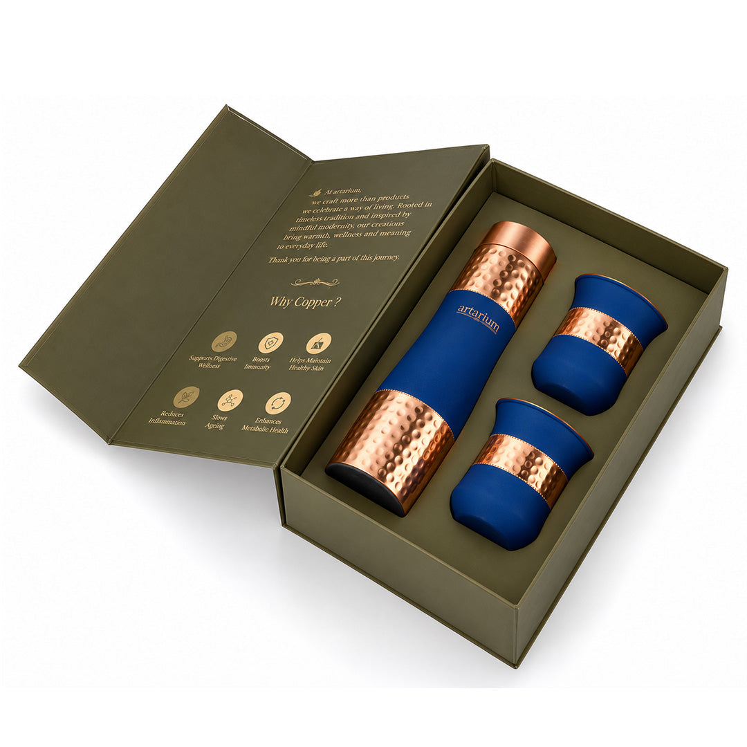 Blue Hammered Copper Bottle with Copper Cap & Glass Set with Premium Packaging 