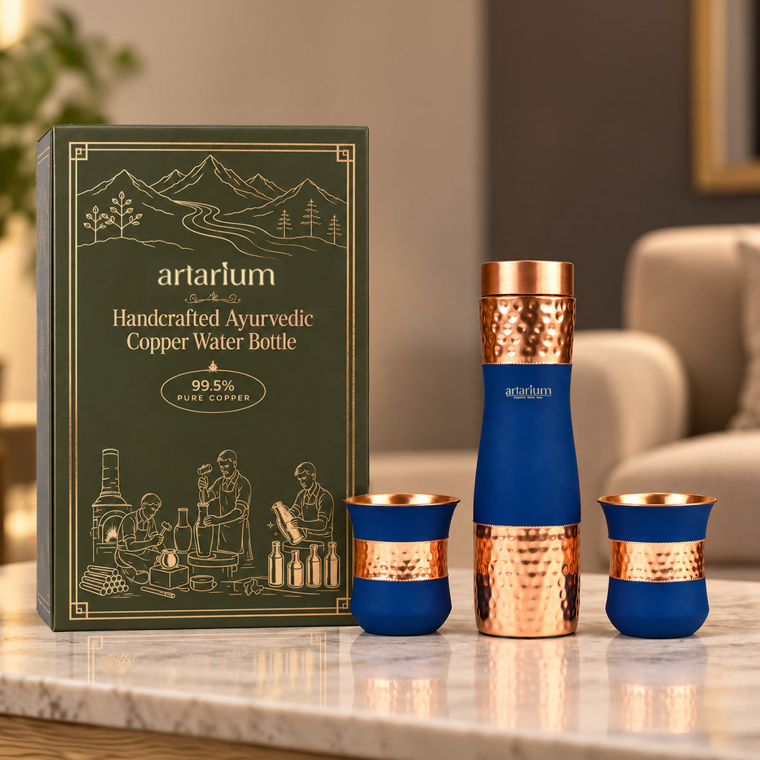 Blue Hammered Copper Bottle with Copper Cap & Glass Set with Premium Packaging 