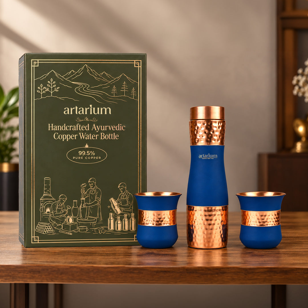Blue Hammered Copper Bottle with Copper Cap & Glass Set with Premium Packaging 