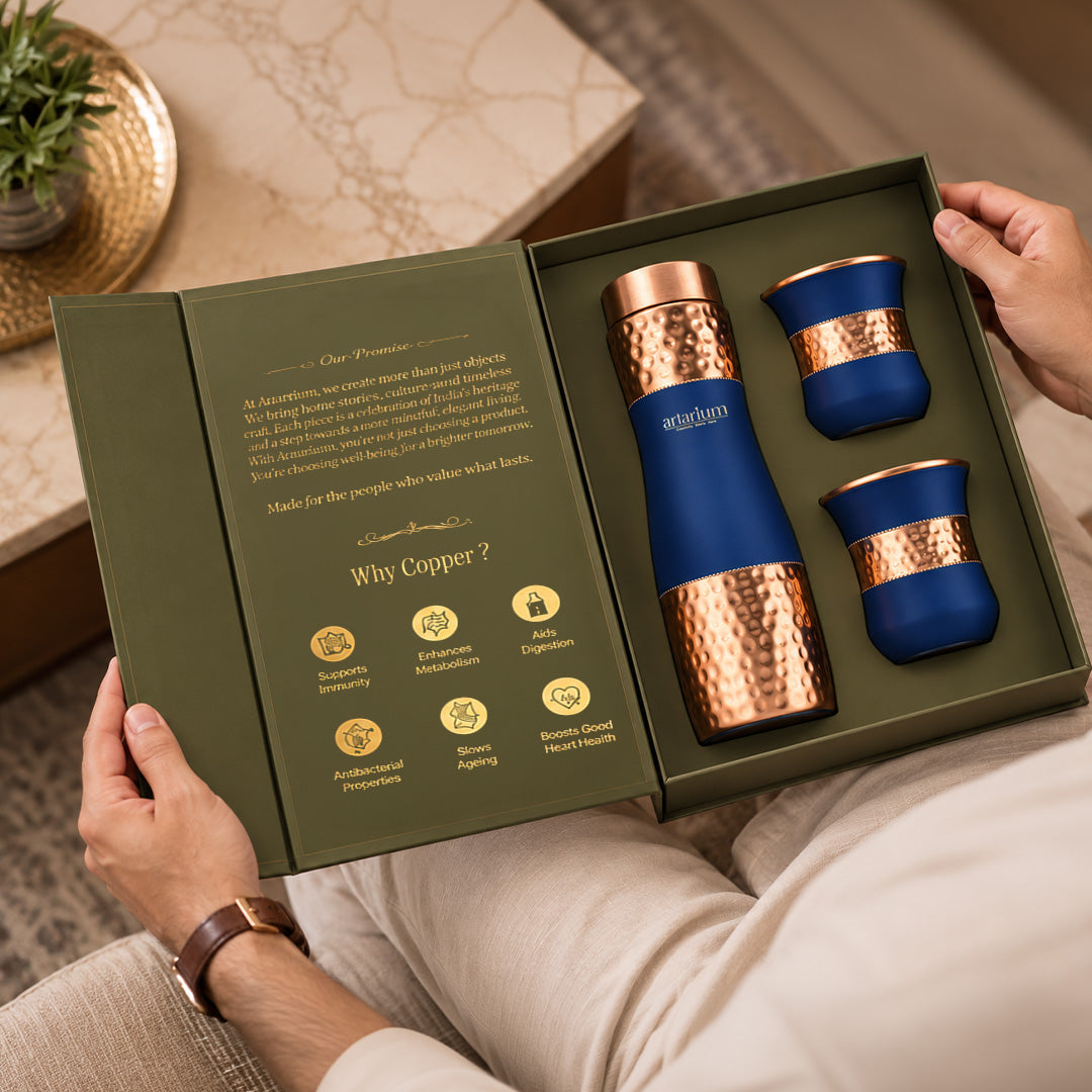 Blue Hammered Copper Bottle with Copper Cap & Glass Set with Premium Packaging 