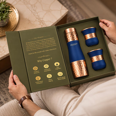 Blue Hammered Copper Bottle with Copper Cap & Glass Set with Premium Packaging 