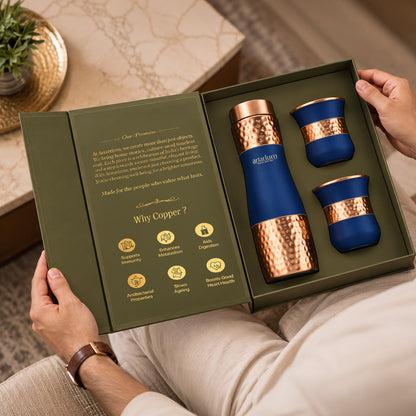 Blue Hammered Copper Bottle with Copper Cap & Glass Set with Premium Packaging 